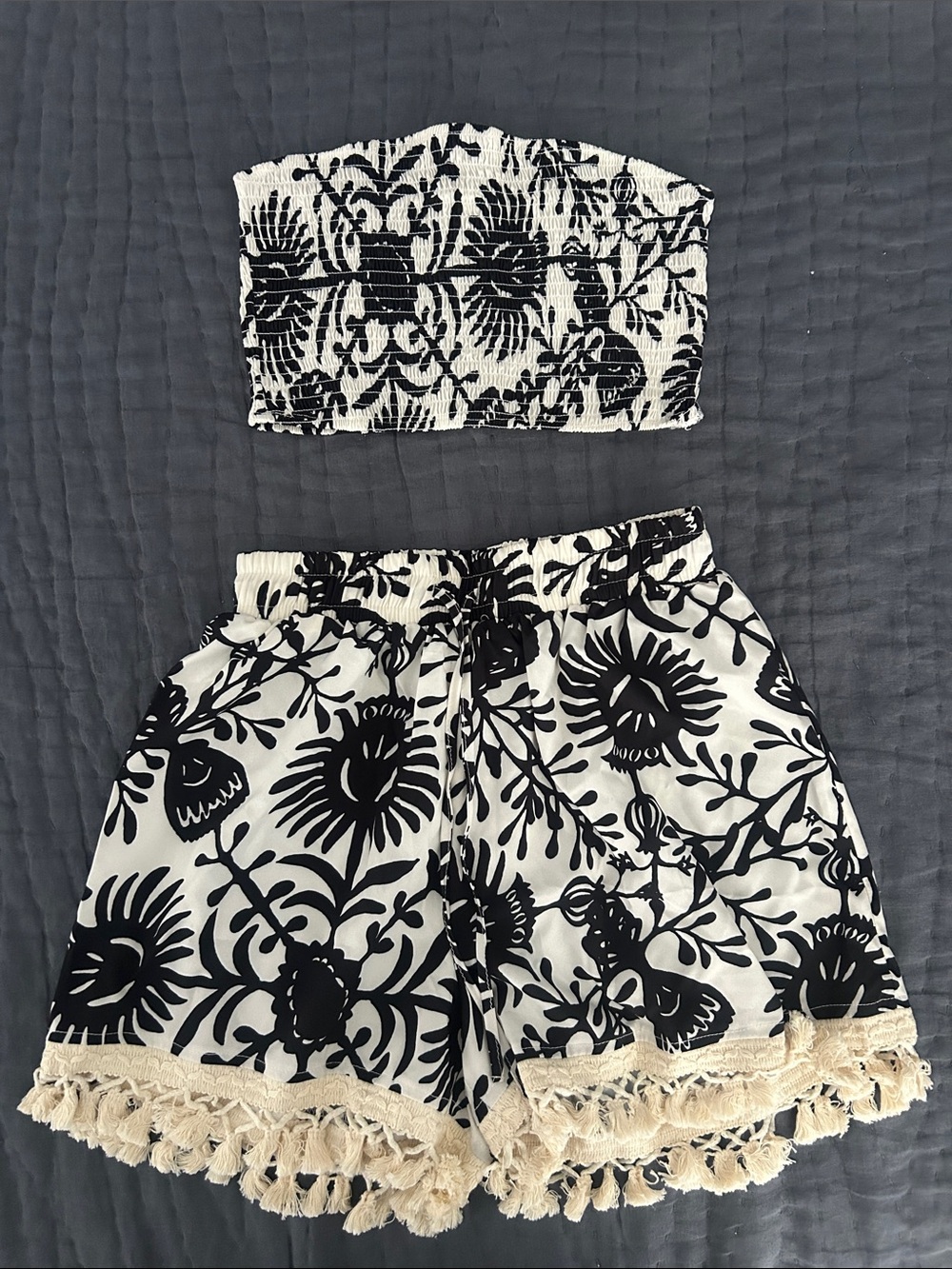 SHEIN Black and White Floral Smocked Strapless Crop Top and Matching Shorts